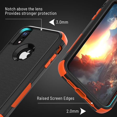 iPhone XR Case, Black Orange, Dropproof Shockproof 3-Layers Heavy Duty Drop Protection with Tempered Glass Screen