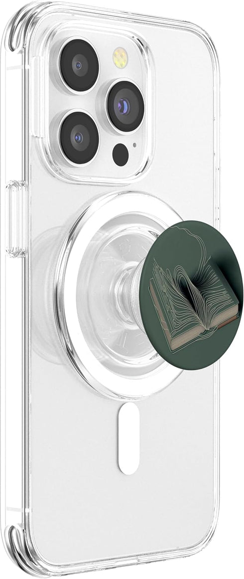 PopSockets PopGrip for MagSafe, Minimal Book Line Art for Bookworm on Sage Green