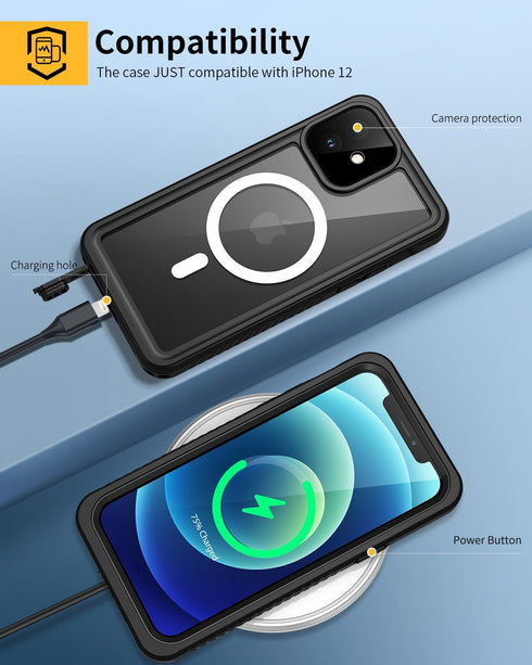 Lanhiem Magnetic Case for iPhone 12, IP68 Waterproof Dustproof, Built-in Screen Protector, Full Body Shockproof Cover,