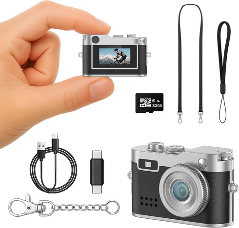 Dienspeak Mini Digital Camera, 1080P HD Tiny Retro Keychain Camera with 32GB Card,