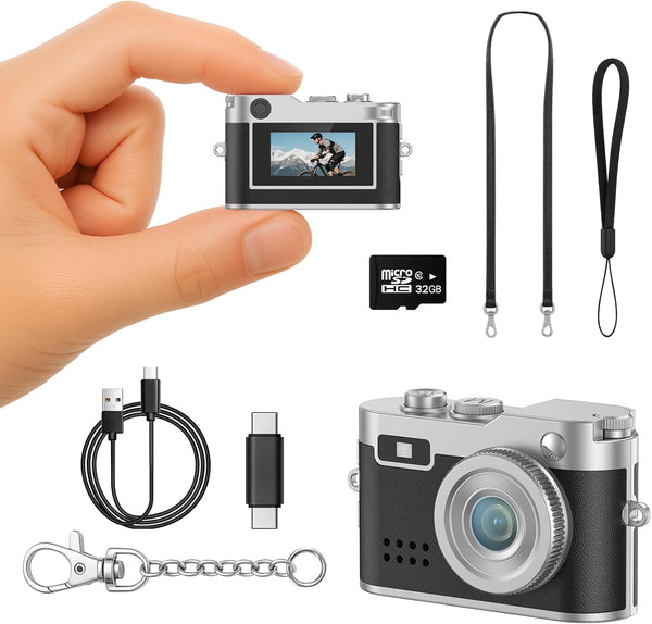 Dienspeak Mini Digital Camera, 1080P HD Tiny Retro Keychain Camera with 32GB Card,