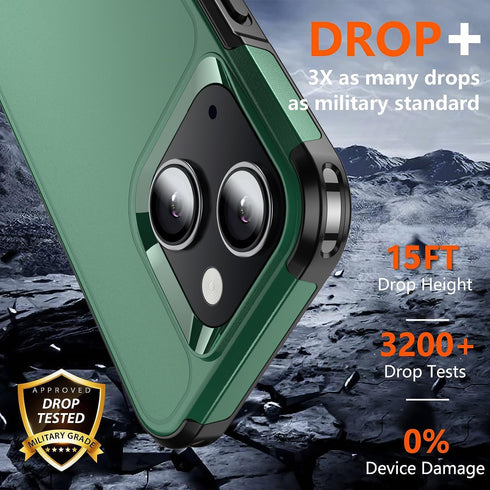 iPhone 15 Case - Dark Green, Shockproof with 15 FT Military Grade Drop Protection & 2X Tempered Glass Screen Protectors.