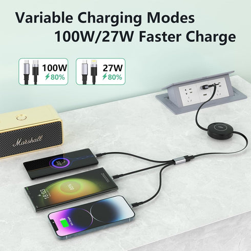 100W USB C Retractable 5-in-1 Charging Cable, Multi USB A/Type C to Lightning, 4FT PD 5A Fast Charger for iPhone,