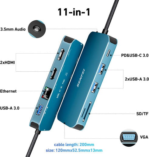 BENFEI 11-in-1 3*USB 3.0, 1Gbps 100W 3.5mm USB C Hub Triple Display Docking Station Dual HDMI, VGA, Ethernet, Power