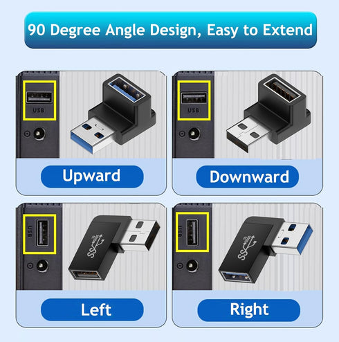 90 Degree USB 3.0 Male to Female Adapter, (4 Pack) Up and Down & Left and Right Angle USB A Extender Connector for PC, Laptop, Hard Drive, Keyboard, USB A Charger, Power Bank