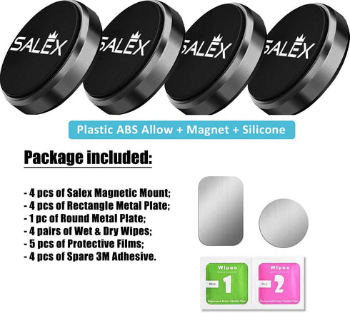 SALEX Magnetic Phone Mount 4 Pack, Black Flat Cell Phone Holder for Car Dashboard, Wall, Truck