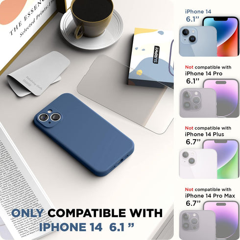 SURPHY Compatible with iPhone 14 Case with Screen Protector (Camera Protection + Soft Microfiber Lining) Liquid Silicone Phone Case 6.1 inch 2022, Blue Jay