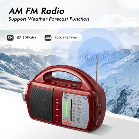 Weather Radio Portable AM FM Radio with Bluetooth, Rechargeable Emergency Radio, Built-in Rechargeable Battery or 4 AA