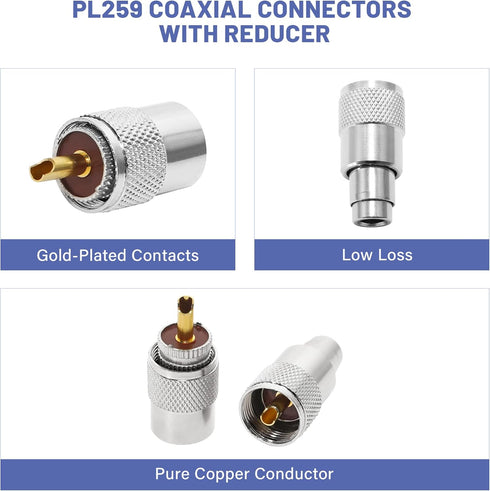 Anina PL259 Coaxial Connectors UHF Male Solder Plug with Reducer for RG8 RG59 RG8x LMR-400, 2-Pack