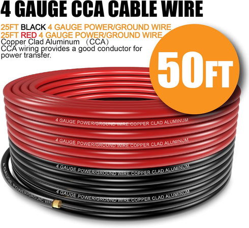 4 Gauge Wire (25ft Black + 25ft Red) Copper Clad Aluminum CCA, 20PCS Lugs, 20PCS Heat Shrink Tubing, 100A ANL Fuse