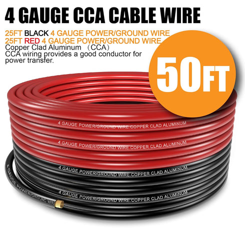 4 Gauge Wire (25 Feet Black + 25 Feet Red), Copper Clad Aluminum CCA, Primary Automotive Wire with 20PCS Lugs Terminal