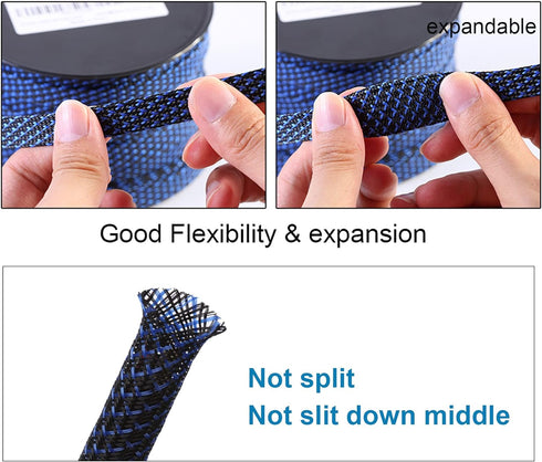 25ft PET Expandable Braided Sleeving, 1 inch, BlackBlue, Alex Tech Braided Cable Sleeve