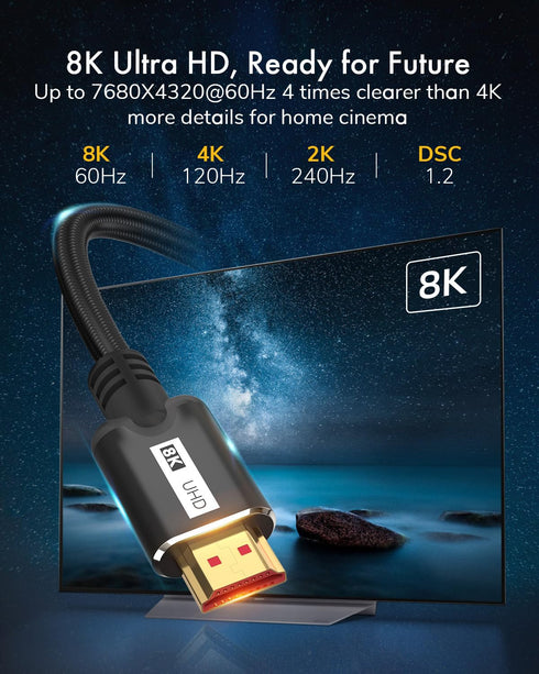8K 2.1 3.3FT, 48Gbps 8K@60Hz4K@120Hz, 4K@144Hz, 10, Dolby PS5 HDMI Cable Ultra High Speed HDMI Cable Braided Cord