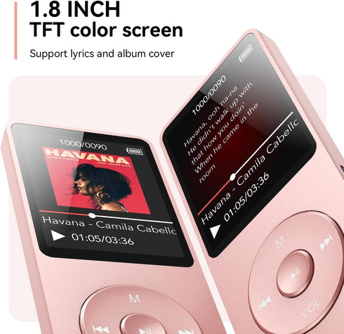 AGPTEK A02 MP3 5.3, 1.8 inch 128GB(Rose 32GB) Player with Bluetooth Screen Portable Music Player with Speaker, FM