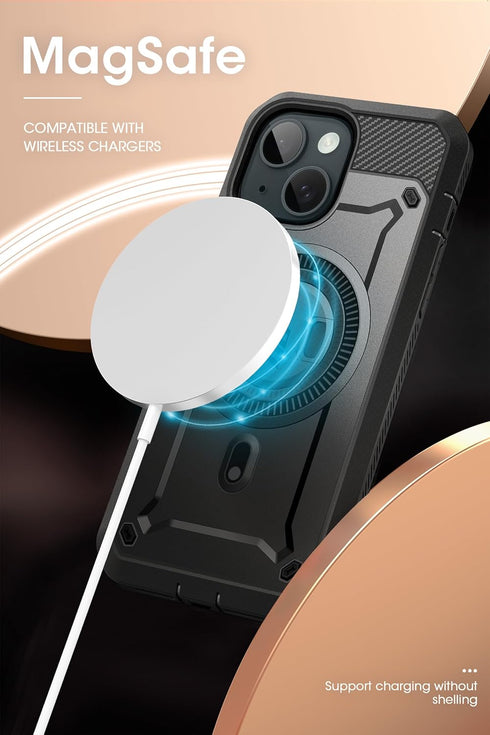 SUPCASE iPhone 15 Plus Case with Stand, Compatible with MagSafe, Built-in Screen Protector, Black