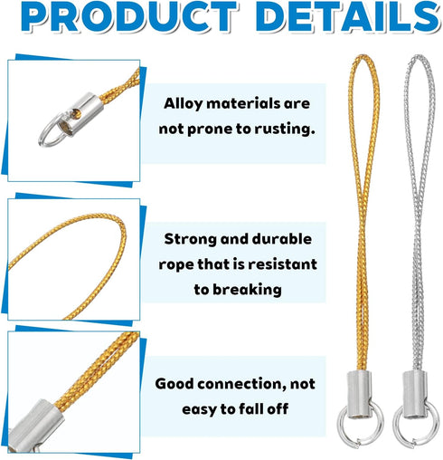 Larrel 100PCS 58mm Phone Keychain Strap, Cell Phone Split Ring Strap, Gold/Silver Cellphone Charms Lanyard String