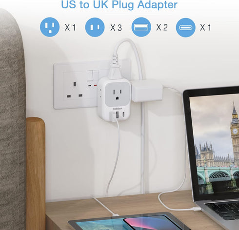 US to UK Plug Adapter, TESSAN Type G Travel Converter with 3 USB Charger(1 USB C Port), 4 Outlets Power Adaptor for USA to Qatar Ireland Hong Kong England Scotland Kenya Dubai London British