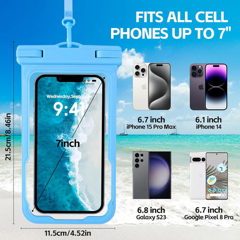 2 Pack Waterproof Phone Pouch, IPX8 Underwater Case for iPhone 15 14 13 Pro Max Samsung, Blue + Blue