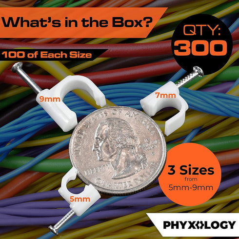 Pro-Grade Cable Clips with Steel Nails, 5mm, 7mm, 9mm Wire Holders, 100 Per Size, UV Resistant Plastic
