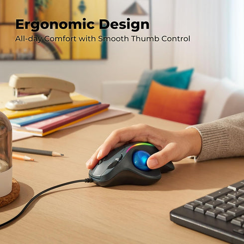 Trackball Mouse Wired, Ergonomic Comfort Design Reduces Muscle Strain, USB Plug&Play, Easy Thumb Control, Precision Tracking with 5 Adjustable DPI, RGB Rollerball Mouse Compatible for PC, Mac, Windows