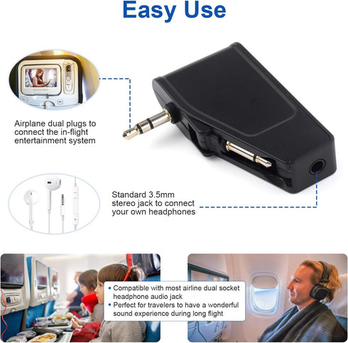 Bluetooth 5.3 Adapter for Wireless/Wired Headphones, 2 in 1 Airplane Bluetooth Adapter with 3.5mm Aux Jack, Compatible