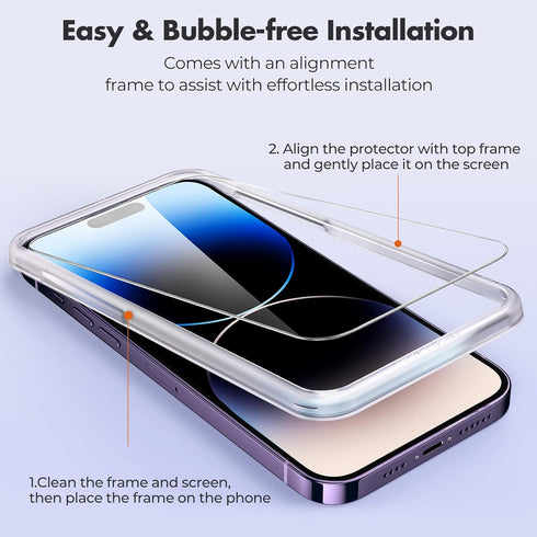 UNBREAKcable iPhone 14 Pro Screen Protector 3-Pack, 9H Hardness, 99.99% HD Clear, Case Friendly, Easy Install Frame.