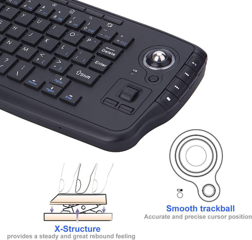 Multimedia Wireless Mini Keyboard with Trackball Mouse, 2.4Ghz, Scroll Wheel for PC, Mac, Android TV Box, Black
