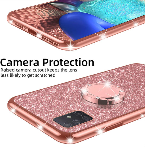 nancheng Cute Girls Women Glitter Silicone Phone Case for Samsung Galaxy A71 5G with Ring Stand Strap Lanyard - Rose
