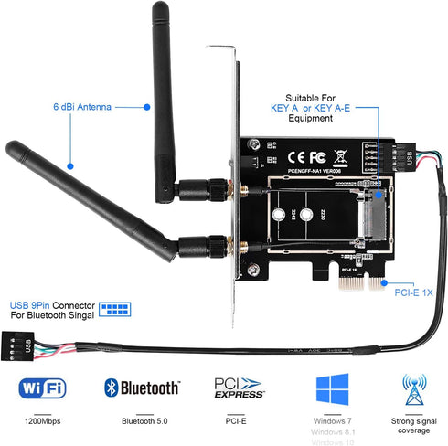 Wireless Network Card Adapter M.2 NGFF to PCI-E, WiFi Network Card Converter with Dual-Band Antenna