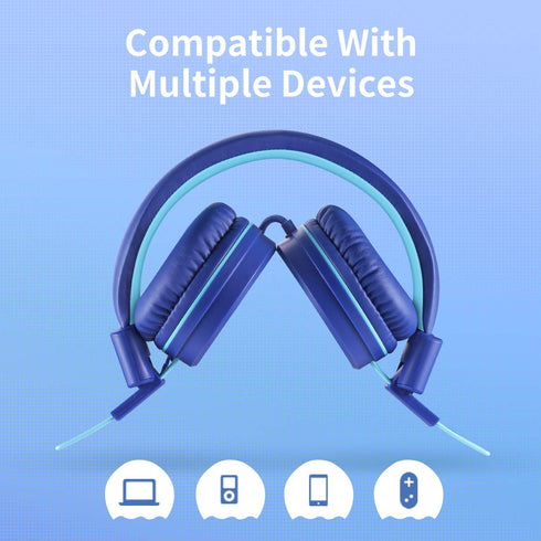 POWMEE P10 Kids Headphones with Microphone, Adjustable 85dB/94dB Volume, Foldable On-Ear for School/PC/Cellphone (Blue)