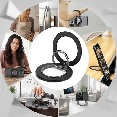 HISSIMO 2-Way 17-12 Dual-Sided Magnetic Phone Mount for MagSafe, Ultra-Slim Metal Ring Holder Grip with Kickstand