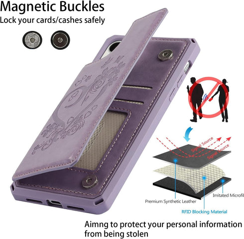 Cavor Card Holder Case for iPhone 11 Pro Max - PU Leather Shockproof Wallet with Credit Card Slots, Heart Purple