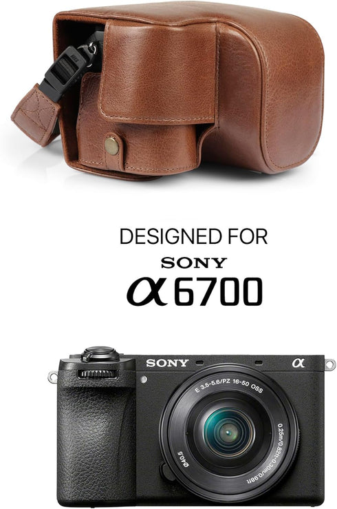 MegaGear Genuine Leather Camera Case for Sony Alpha a6700 (16-50mm) - Stylish Protective Brown Case