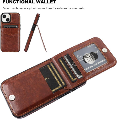 KIHUWEY iPhone 15 Case Wallet with Credit Card Holder, Premium Leather Magnetic Clasp Kickstand (Brown)