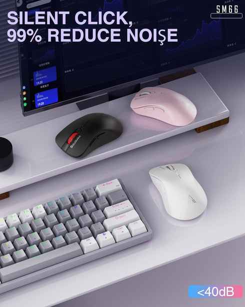 SM66 White Silent Dual Mode Wireless Mouse, Bluetooth/2.4GHz, Adjustable 4200 DPI, Rechargeable for PC, Mac