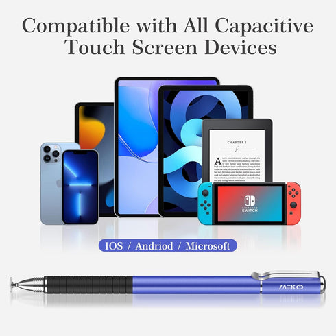 MEKO Stylus Pens for Touch Screens - 2 in 1 Universal Disc Stylus with 6 Replacement Tips - Blue/Silver