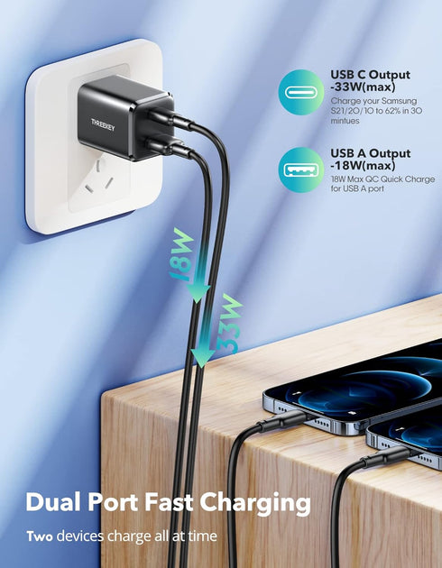 THREEKEY 33W Dual USB C Charger, Fast Charging Power Adapter for iPhone 12-16, iPad Pro, MacBook, Samsung, Black