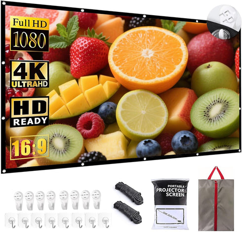 BooLooT Projector Screen Portable Movies Screens 16:9 Foldable Wrinkle-Resistant Fabric with Dual Adhesive/Nail