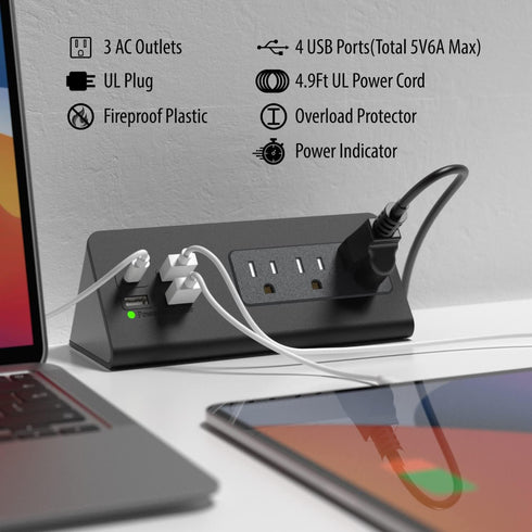 Nightstand Edge Mount Power Strip with USB-C Ports, 3 AC Outlets & 4 Fast Charging USB Ports for Home Office