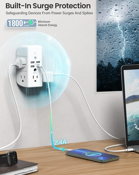 Wall Outlet Extender with Shelf and Night Light, Surge Protector, USB Wall Charger with 5 AC Outlets
