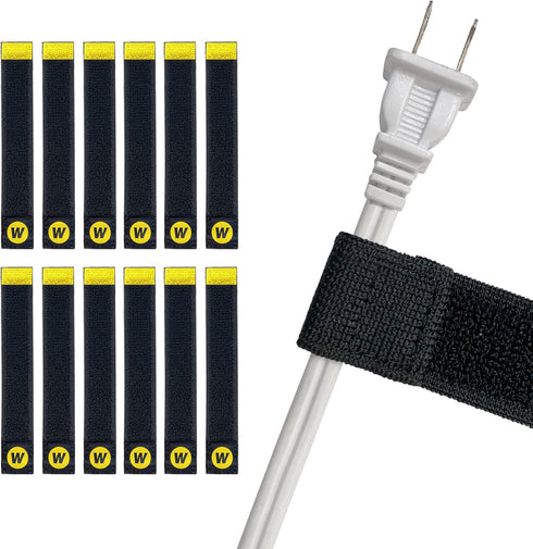 Selfie Straps by Wrap-It Storage, 6-inch Black Elastic Hook and Loop Cord Organizer Wraps, 12-Pack