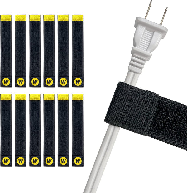 Selfie Straps by Wrap-It Storage, 6-inch Black Elastic Hook and Loop Cord Organizer Wraps, 12-Pack