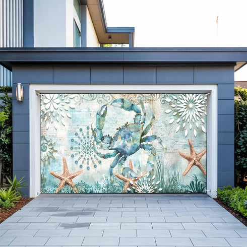 GNAKT AREWG Garage Door Banner Cover 13x6ft Coastal Crabs Starfish Waterweed Garage Door Decoratons