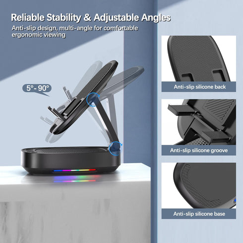 Cell Phone Stand with Wireless Bluetooth Speaker, Adjustable Holder with 5 LED Modes, Compatible with iPhone/iPad