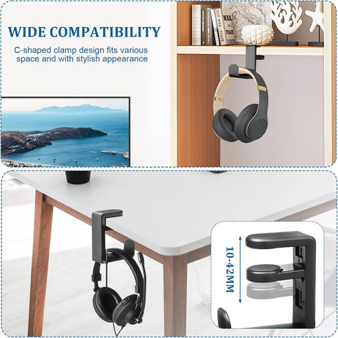 Headphone Holder Under Desk, Gaming Headset Hook with 360-Degree Adjustable Rotating Arm Clamp (Black)