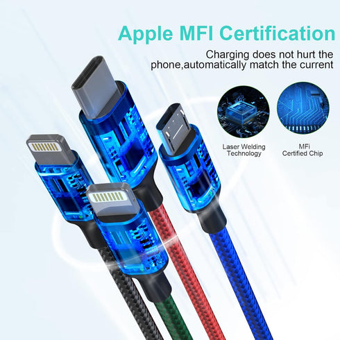 6 in 1 Multi Universal 1.8M/6Ft Phone Charging Cable, USB A/Type C to Lightning*2+Type C+Micro USB for Android/iPhone
