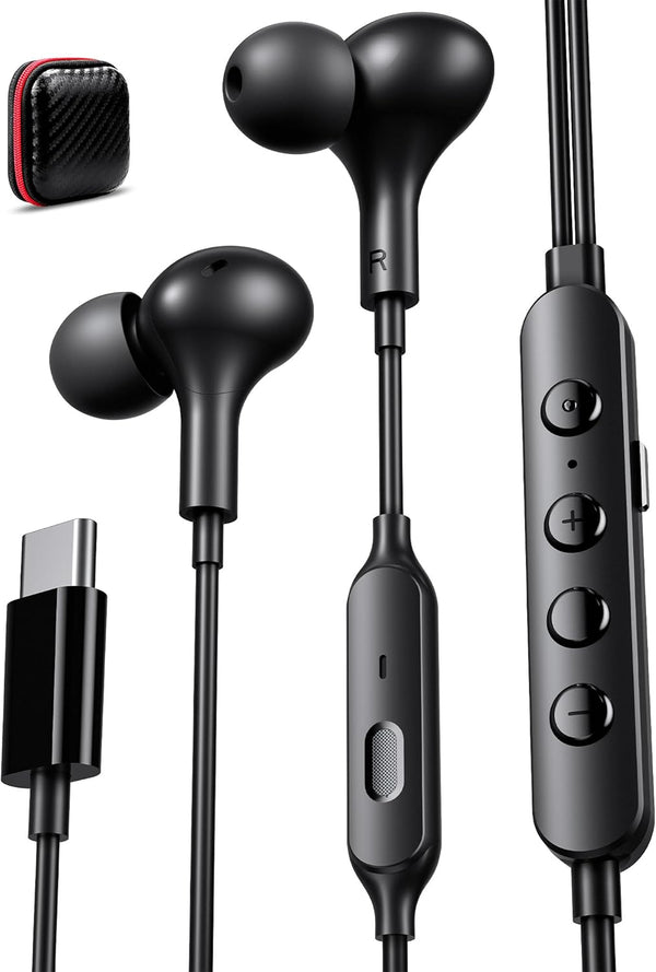 USB C Wired Headphones with Microphone, HiFi Stereo Deep Bass, Noise Cancelling for Live Singing, Black