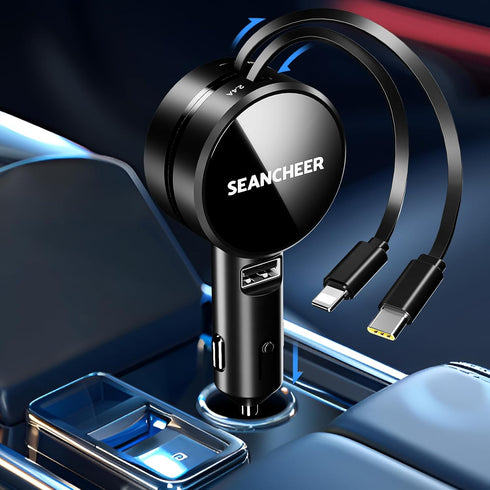 Retractable Car Charger for iPhone and Android, Fast Charging with Retractable Cords (2.6Ft), USB-C Ports, Compatible