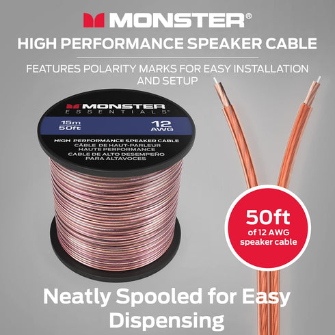 Monster XP 12 Gauge Copper Clad Aluminum Speaker Wire Cable 50 FT Spool - Ideal for Home Cinema and Car Audio