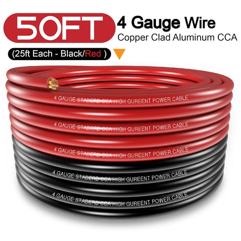 4 Gauge Wire (25ft Each - Black/Red) with 20pcs Lugs Terminal Connectors & 3:1 Heat Shrink Tube for Power/Auto